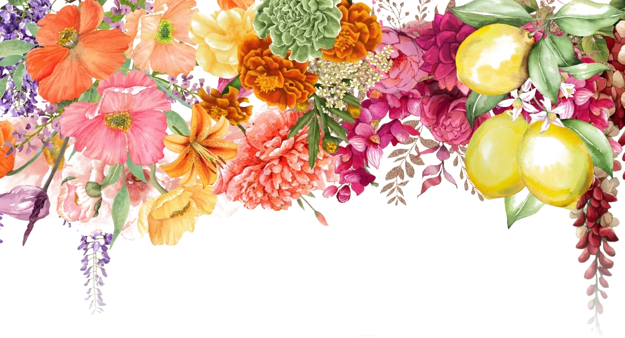 Watercolour floral garland of poppies, lilies, wisteria and lemons